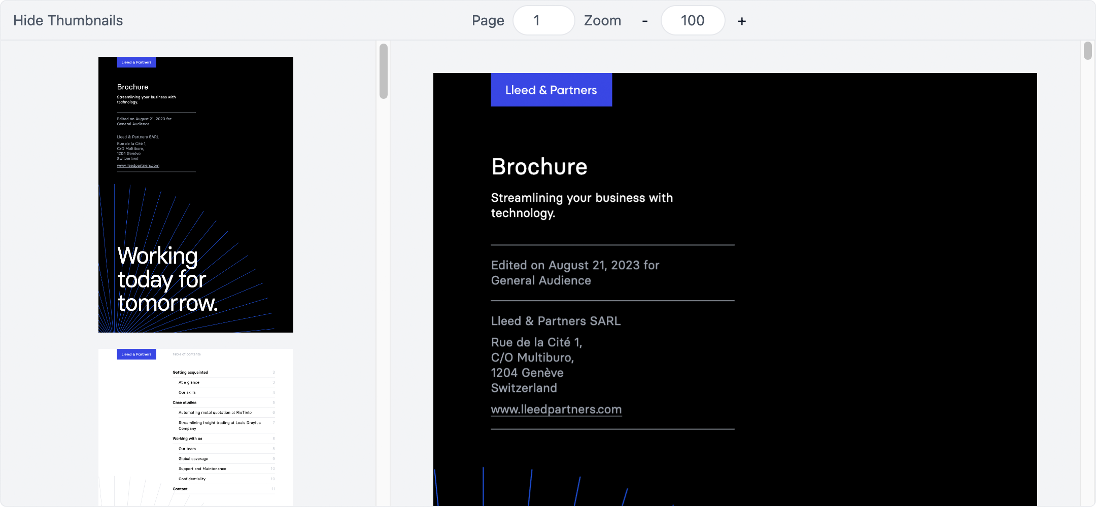 A basic example of the Fileforge PDF viewer, with a page navigation sidebar.